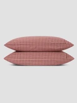 Fig & Blush Pink Gingham Washed Cotton Percale Pillowcases (Pair)