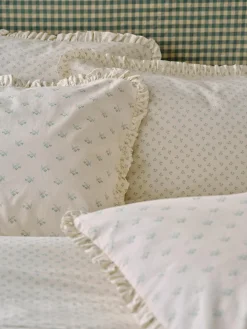 Mellow Green Martha Floral Cotton Frill Pillowcases (Pair)