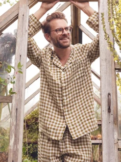 Men's Botanical Green Gingham Linen Pajama Shirt (Top Only)
