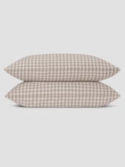 Mushroom Gingham Linen Blend Square Pillowcases (Pair)