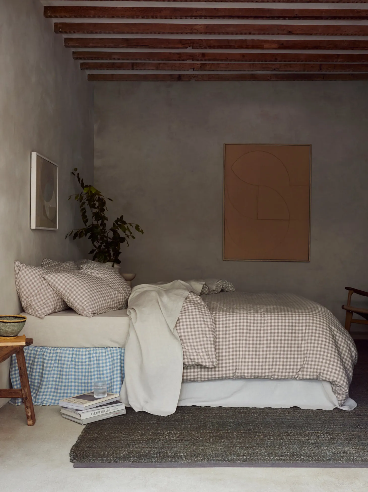 Mushroom Gingham 100% Linen Duvet Cover