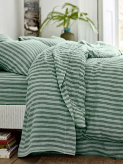 Pine Green Pembroke Stripe 100% Linen Flat Sheet