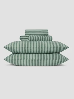 Pine Green Pembroke Stripe Linen Blend Sheet Set