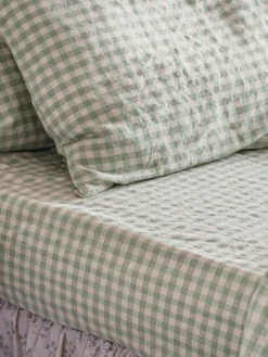 Sage Green Gingham Linen Blend Fitted Sheet