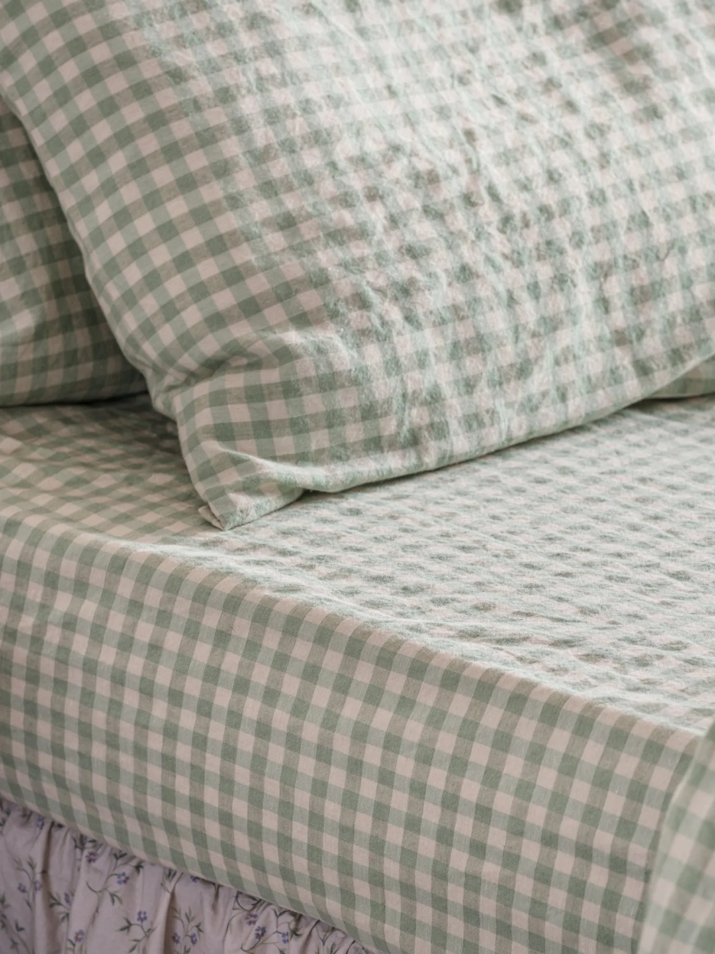 Sage Green Gingham Linen Blend Fitted Sheet