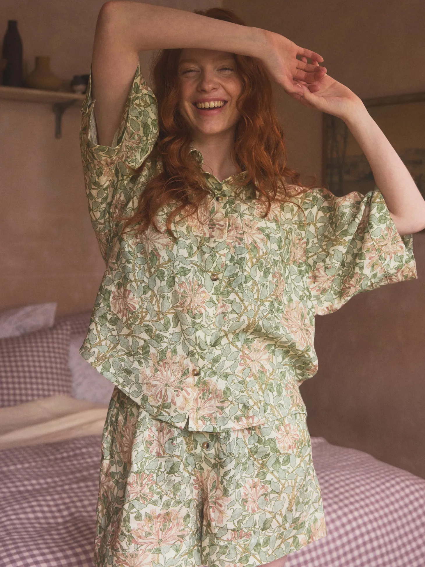 Soft Sage Honeysuckle Linen Women’s Pajama Shorts Set