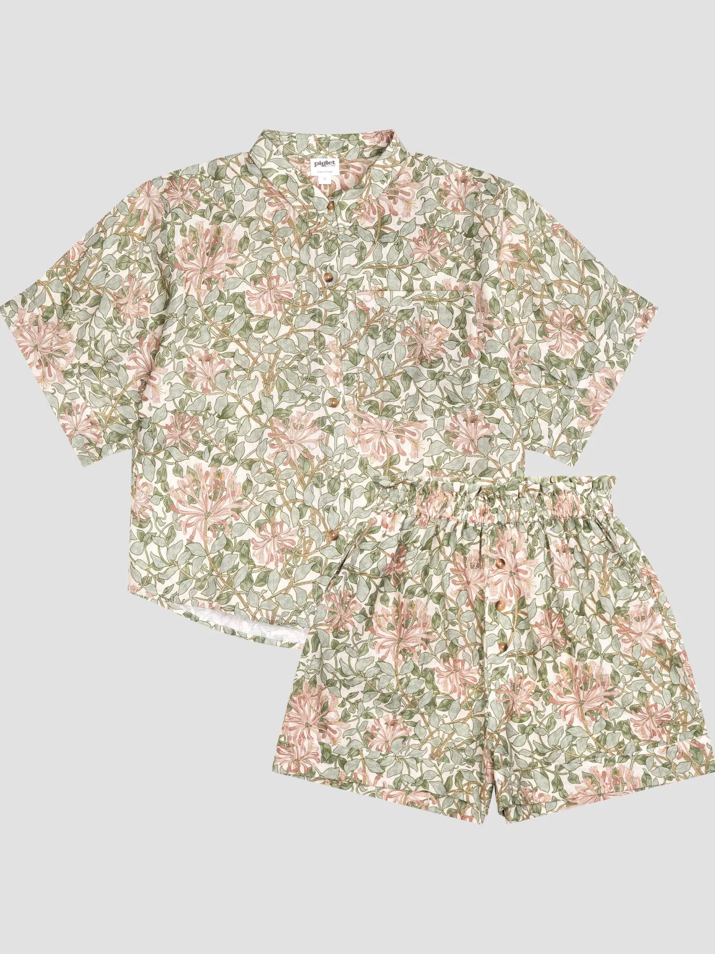 Soft Sage Honeysuckle Linen Women’s Pajama Shorts Set