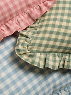 Warm Blue Gingham Frill Linen Blend Filled Cushion