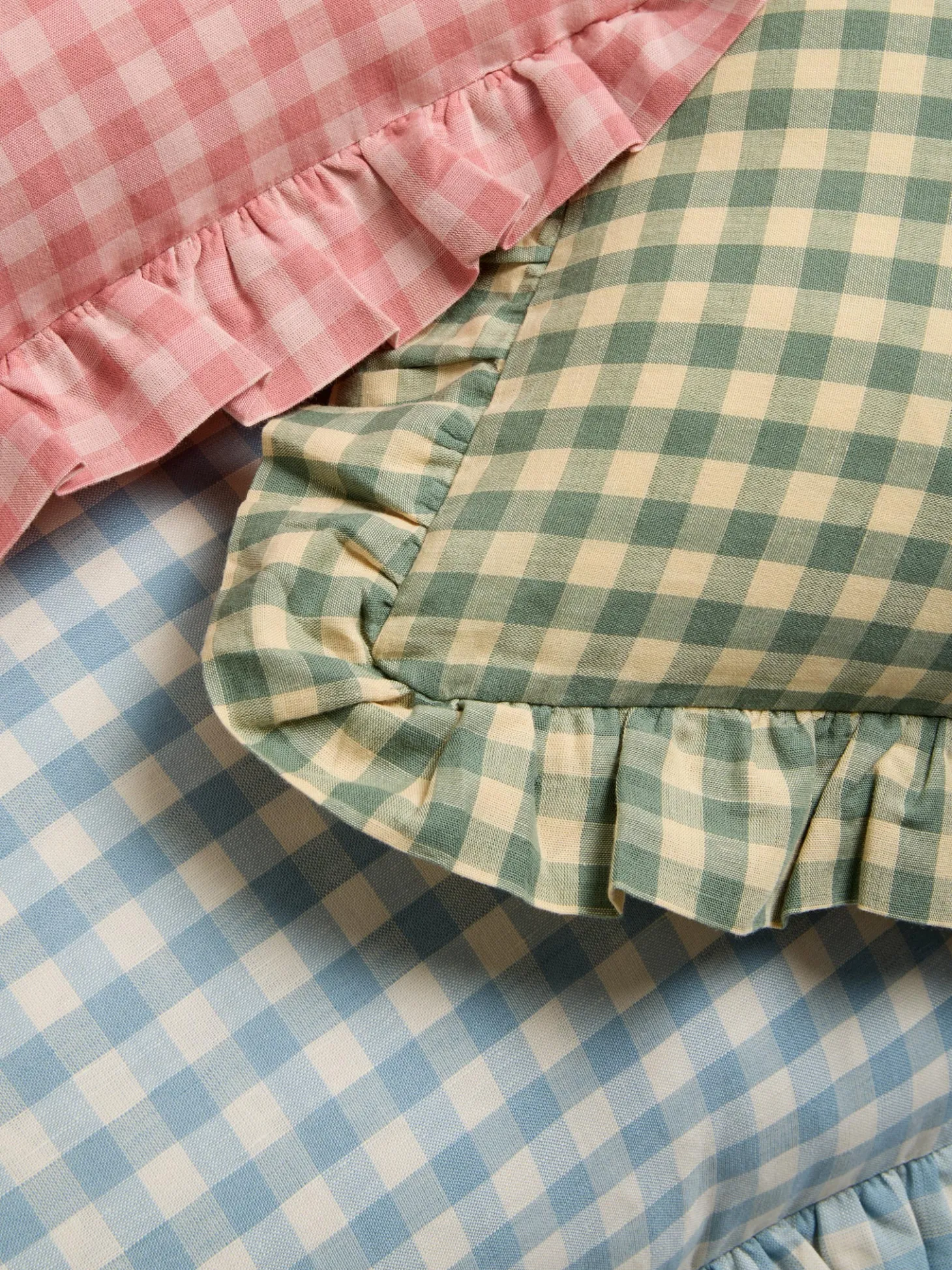 Warm Blue Gingham Frill Linen Blend Filled Cushion