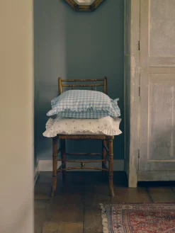 Warm Blue Gingham Frill Linen Blend Filled Cushion