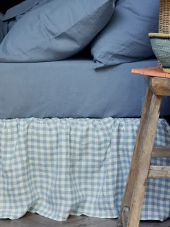 Warm Blue Gingham Linen Blend Bed Skirt