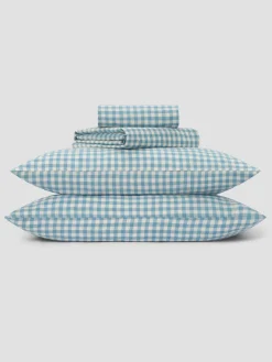 Warm Blue Gingham Linen Blend Sheet Set