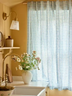 Warm Blue Gingham Linen Blend Curtains (Pair)