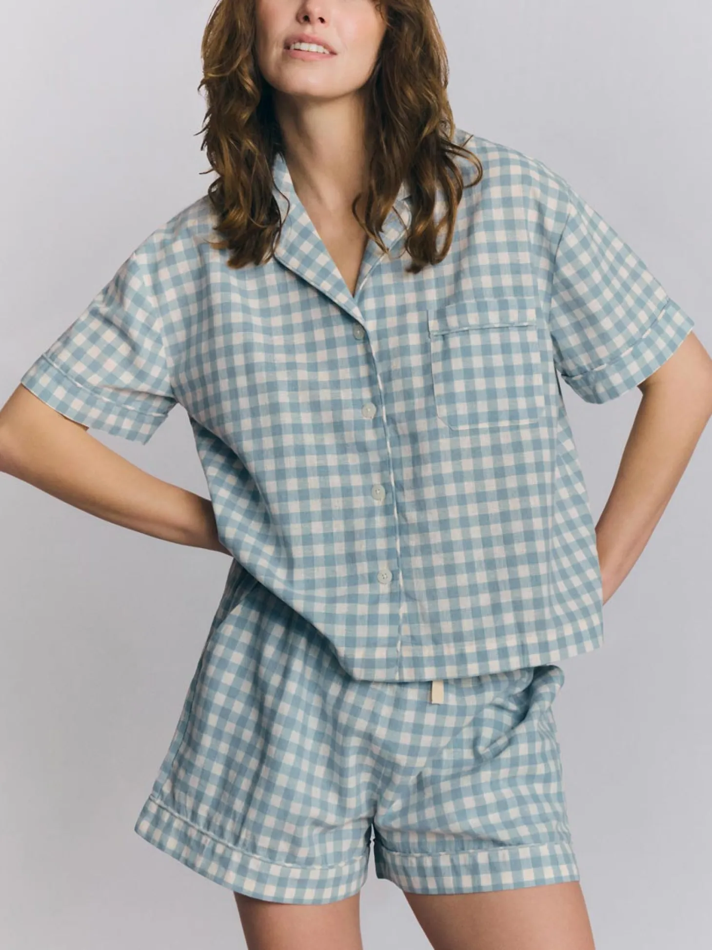 Warm Blue Gingham Linen Blend Pajama Short Set