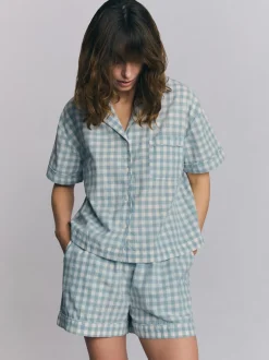 Warm Blue Gingham Linen Blend Pajama Short Set