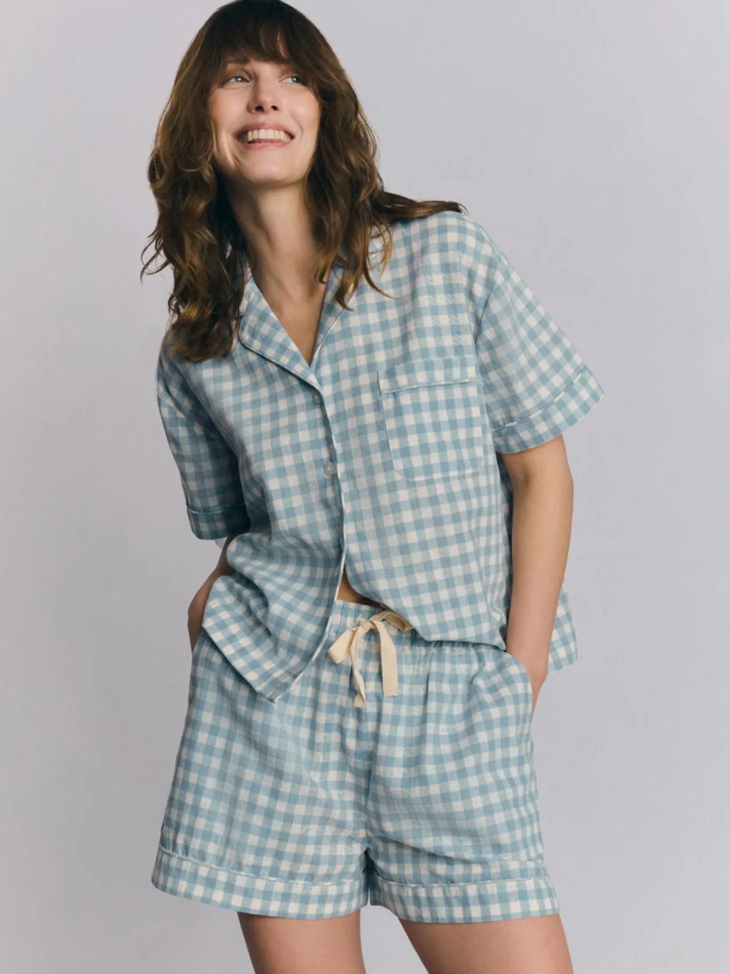 Warm Blue Gingham Linen Blend Pajama Short Set