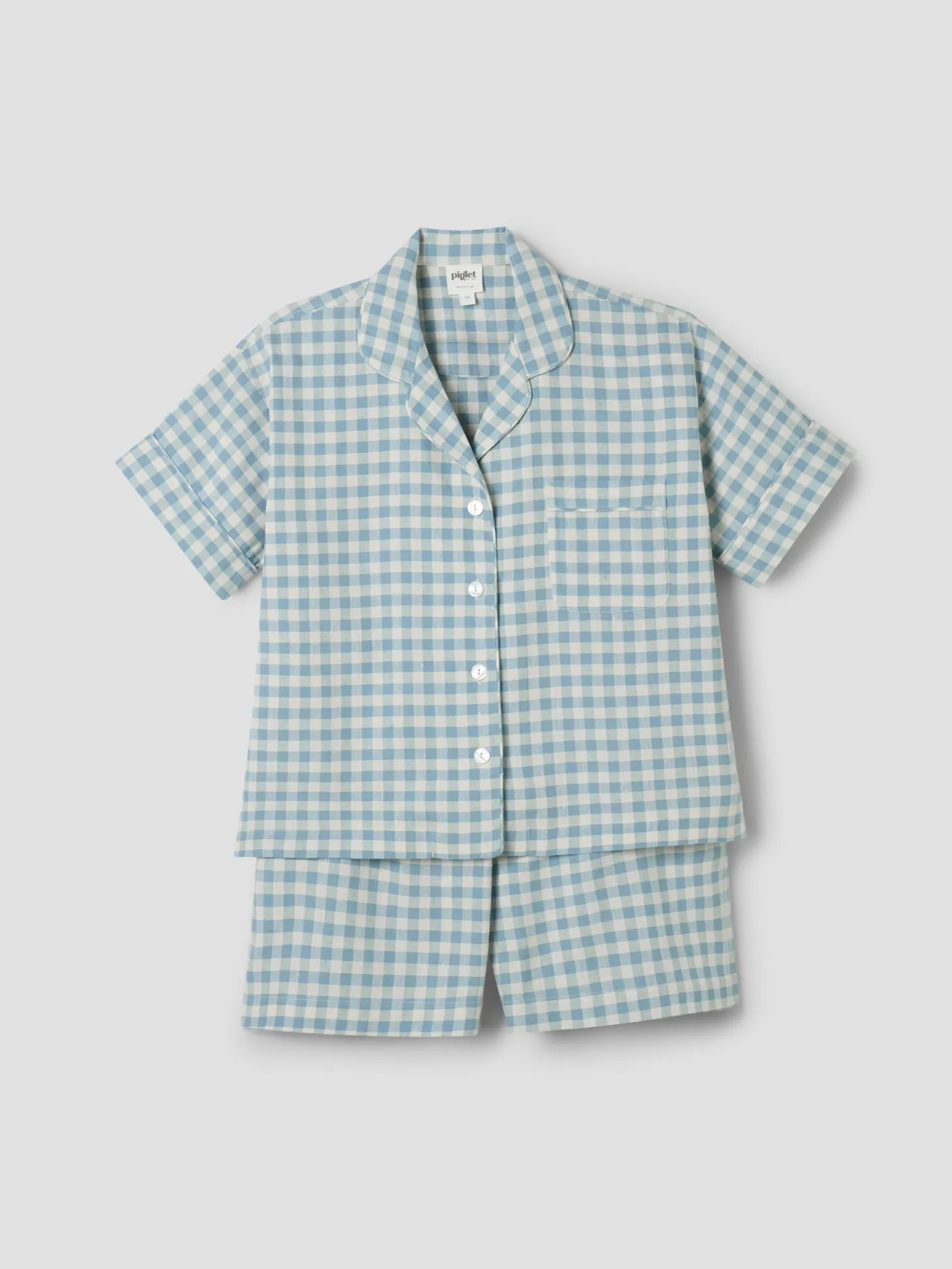 Warm Blue Gingham Linen Blend Pajama Short Set