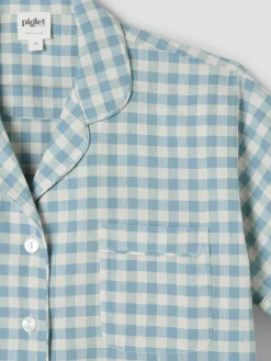 Warm Blue Gingham Linen Blend Pajama Short Set