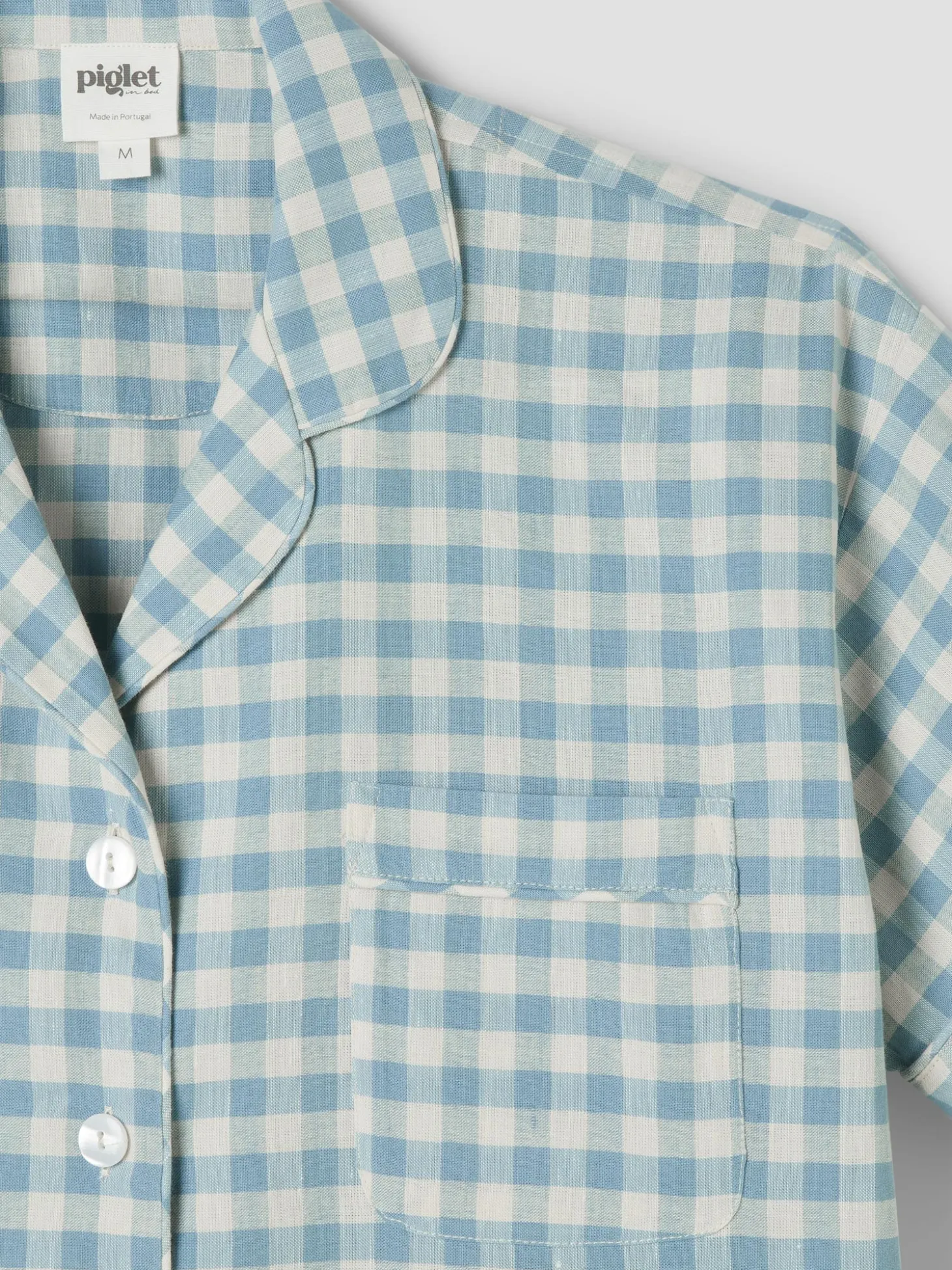 Warm Blue Gingham Linen Blend Pajama Short Set