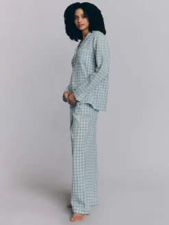 Warm Blue Gingham Linen Blend Pajama Pants Set