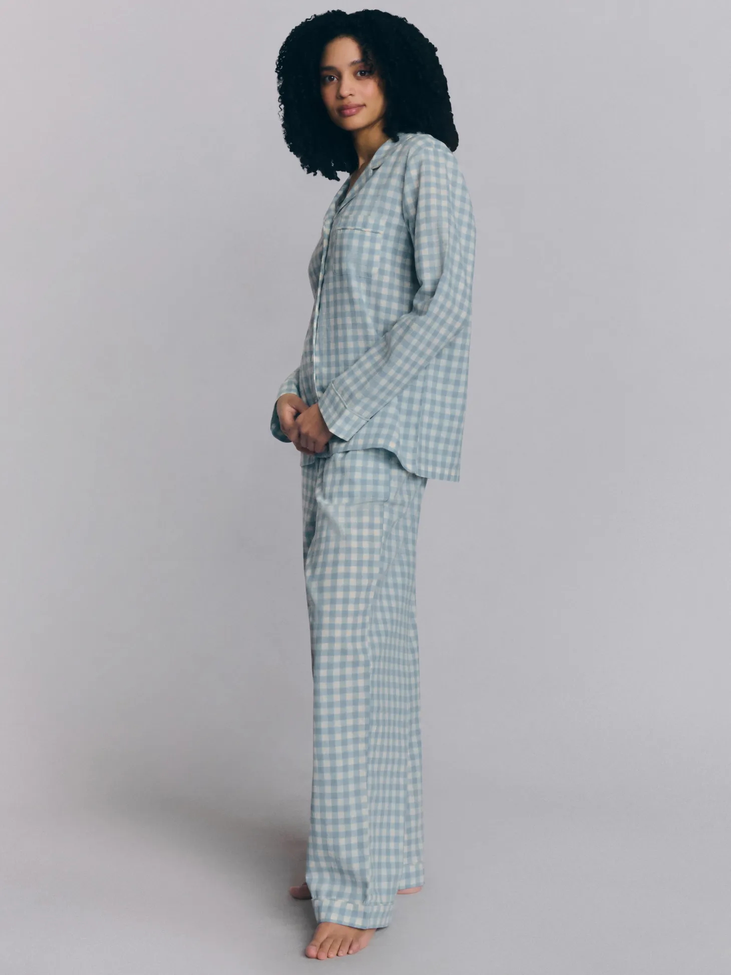 Warm Blue Gingham Linen Blend Pajama Pants Set