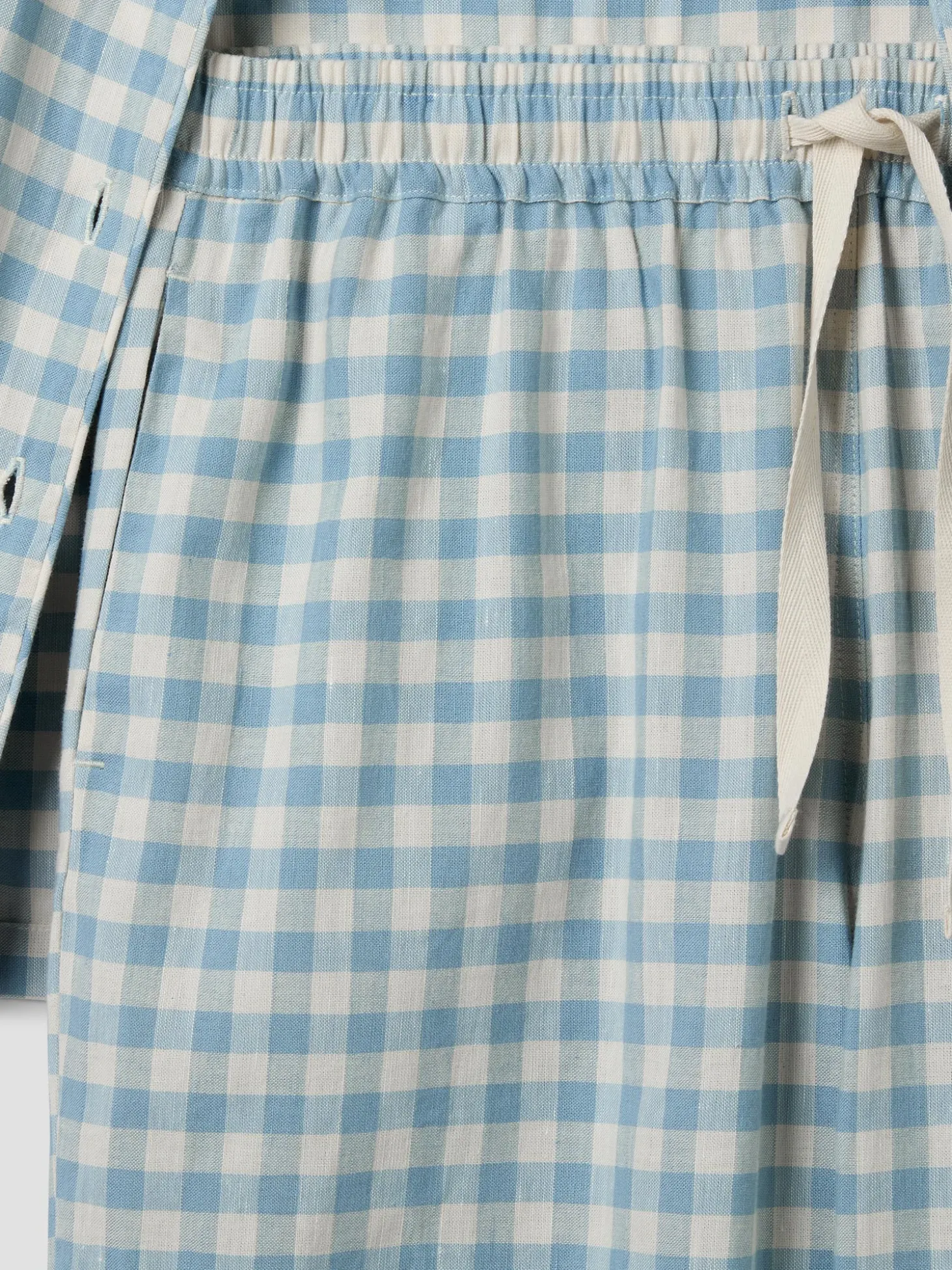 Warm Blue Gingham Linen Blend Pajama Pants Set