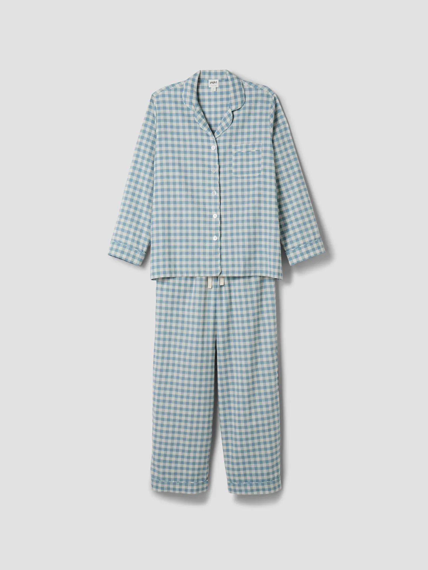 Warm Blue Gingham Linen Blend Pajama Pants Set