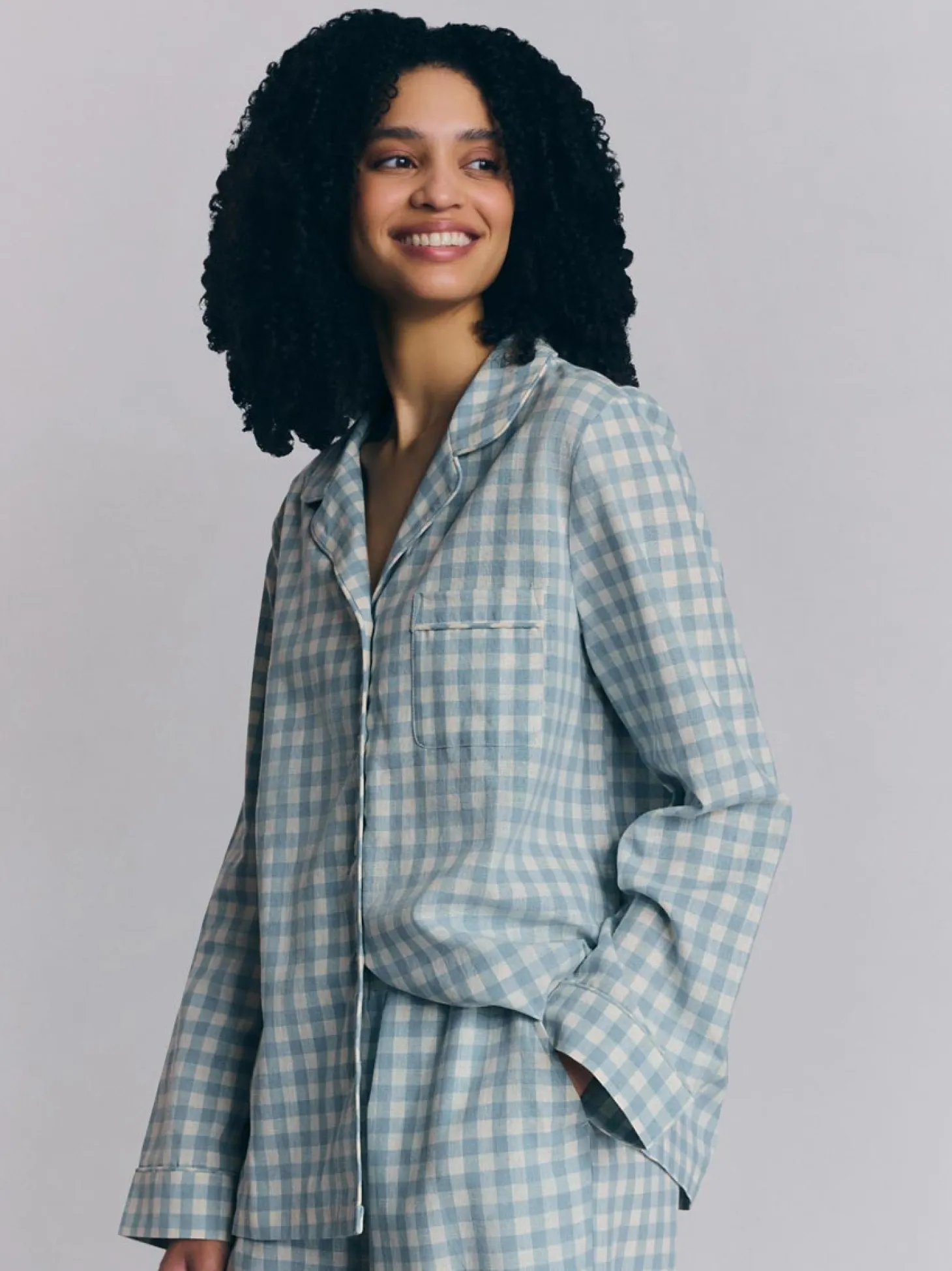 Warm Blue Gingham Linen Blend Pajama Pants Set