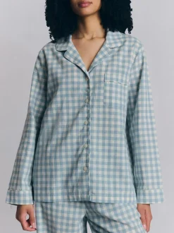 Warm Blue Gingham Linen Blend Pajama Pants Set