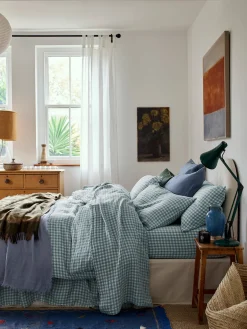 Warm Blue Gingham 100% Linen Duvet Cover