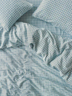 Warm Blue Gingham 100% Linen Duvet Cover