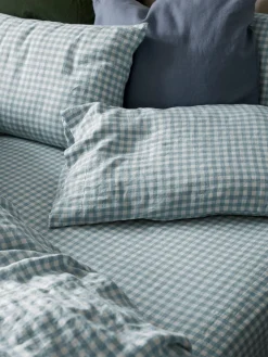 Warm Blue Gingham 100% Linen Fitted Sheet
