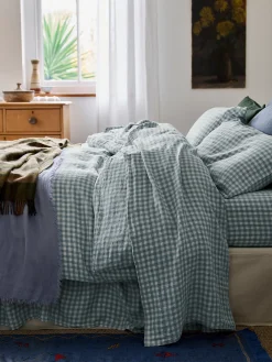 Warm Blue Gingham 100% Linen Flat Sheet
