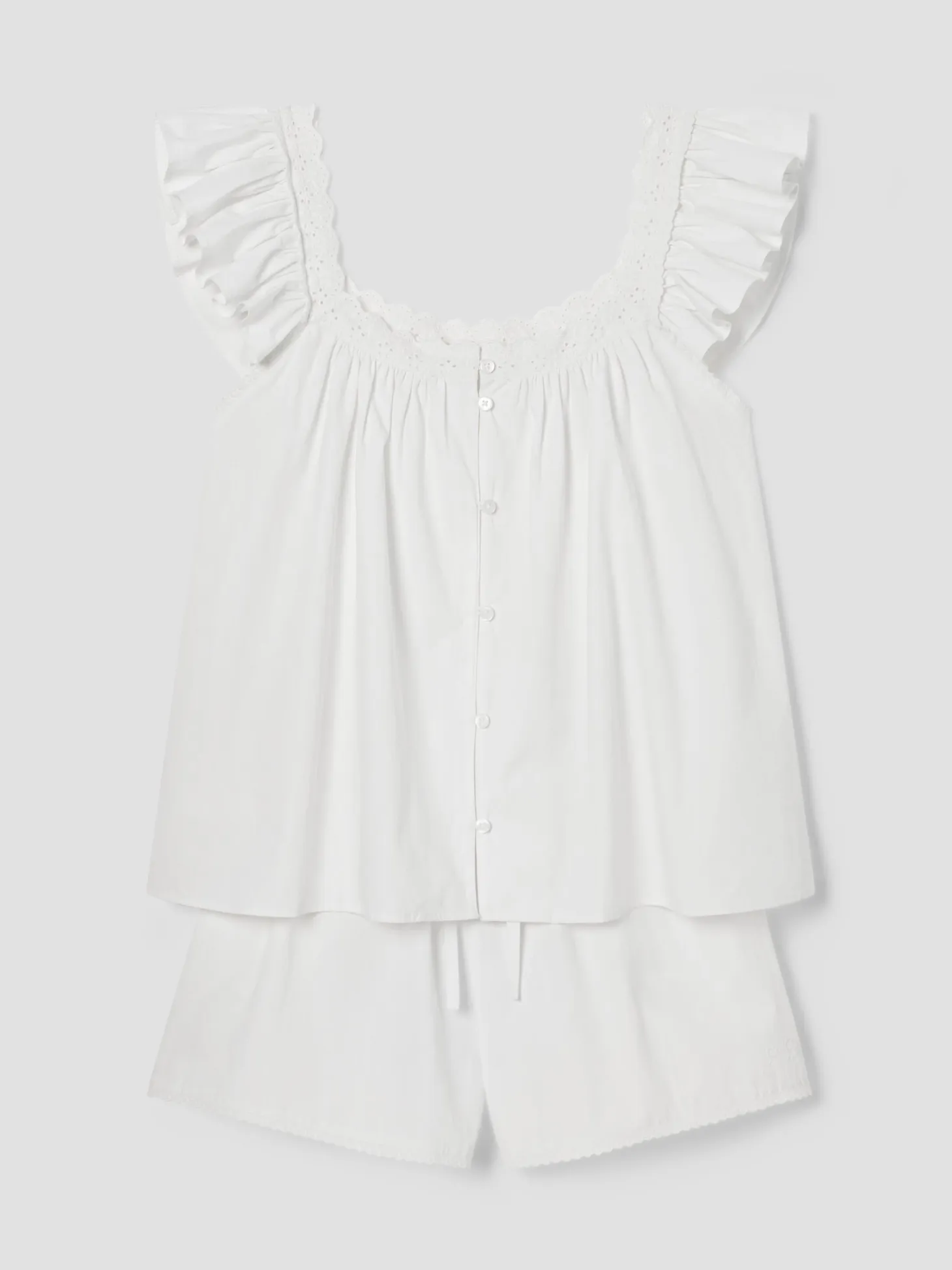 White Embroidered Cotton Frill Cami Shorts Set