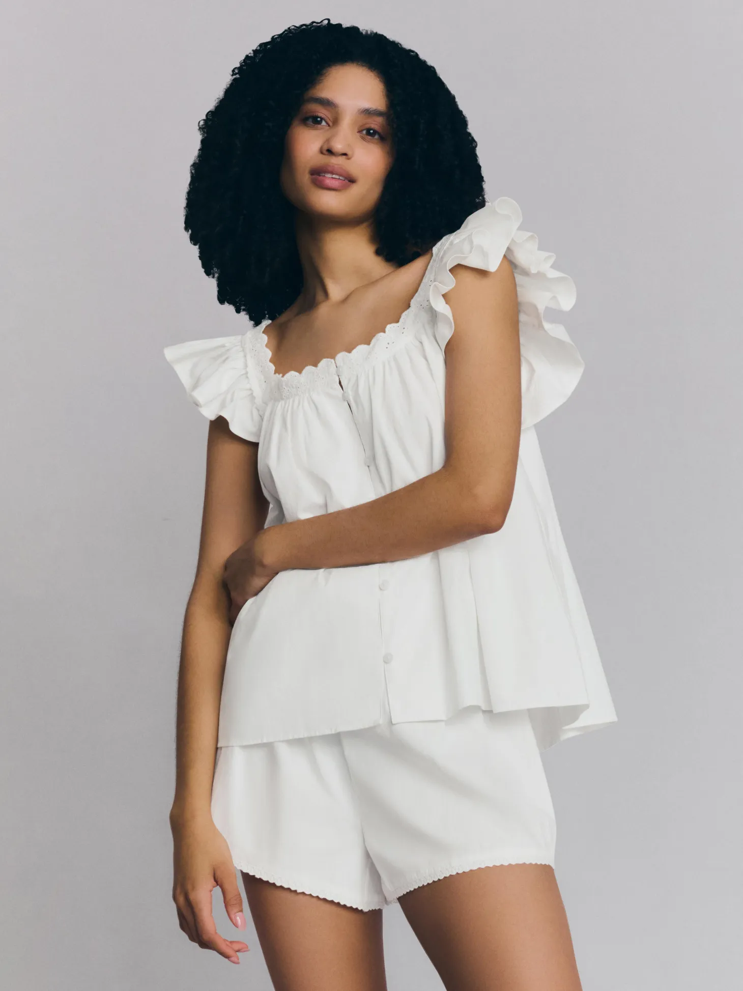 White Embroidered Cotton Frill Cami Shorts Set
