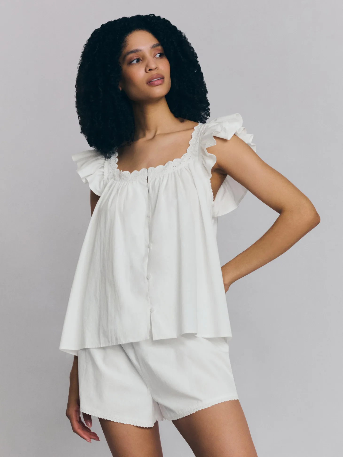 White Embroidered Cotton Frill Cami Shorts Set