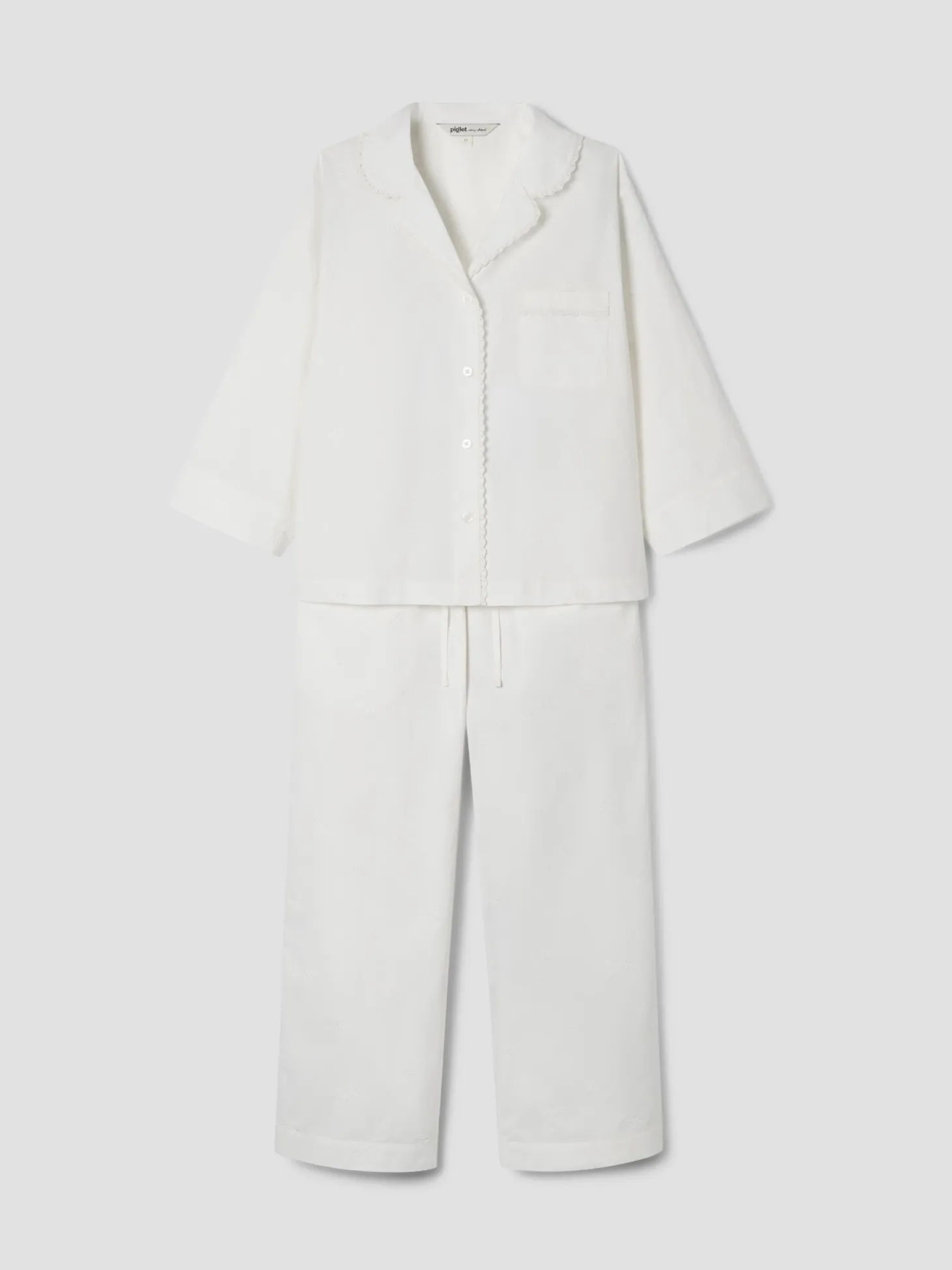 White Floral Embroidered Cotton Cropped Pants Set