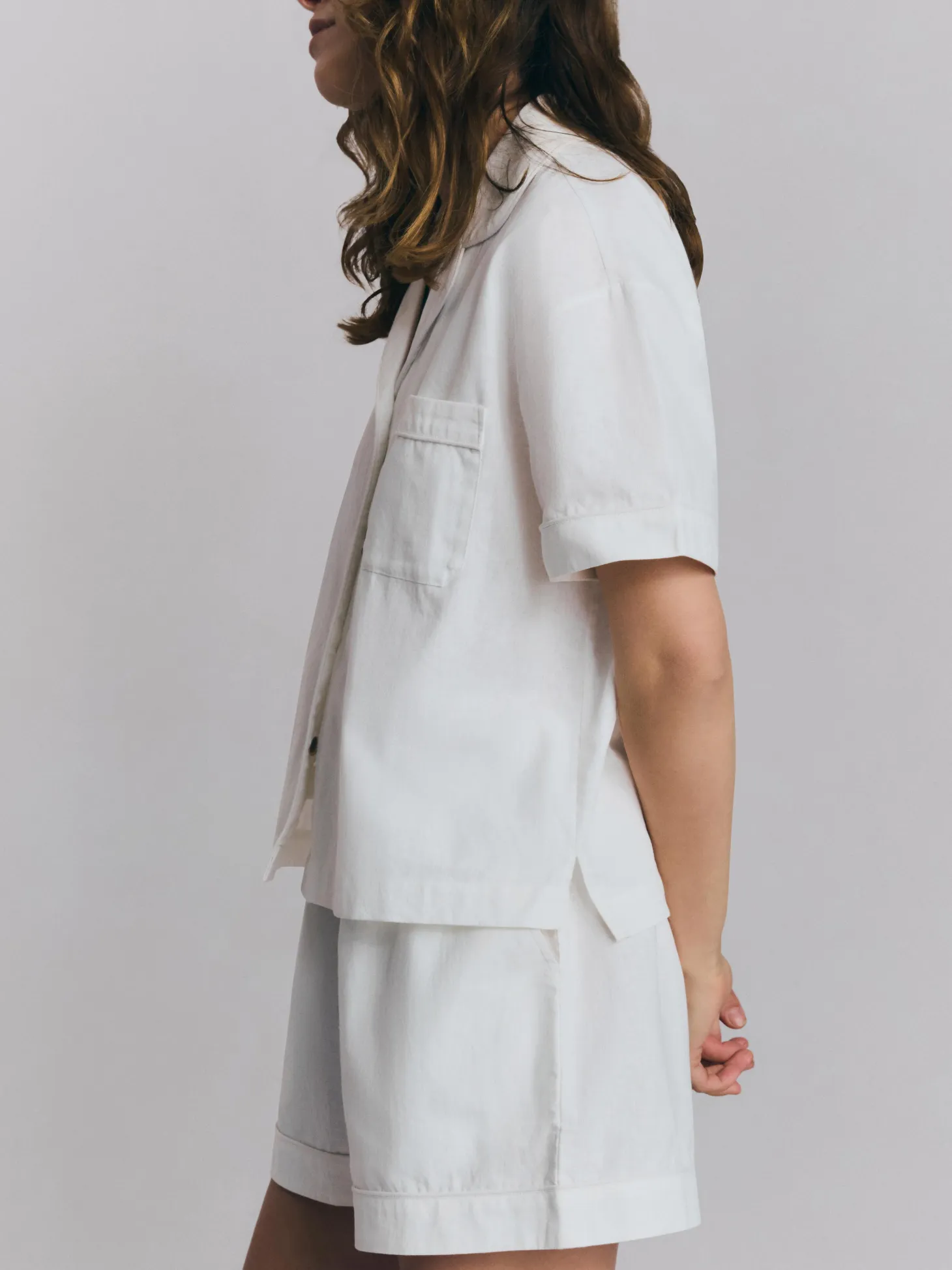 White Linen Blend Pajama Short Set